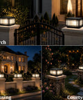 Top Notch Hardwired Outdoor Post Lights Big 15.75 Inch Column Fixture With Cozy 3000K Bulbs illuminating a porch, courtyard, and gated entryway.