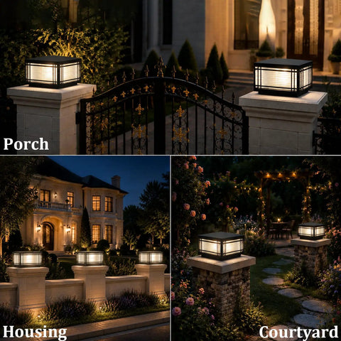 Top Notch Hardwired Outdoor Post Lights Big 15.75 Inch Column Fixture With Cozy 3000K Bulbs illuminating a porch, courtyard, and gated entryway.