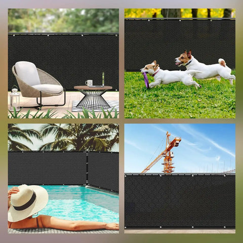 Heavy Duty Privacy Screen Fence Netting 4 Ft By 50 Ft Shade Net Cover 170 Shade for outdoor areas, black, and weather resistant visible. Pool, garden, and patio use shown.