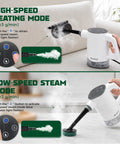 Kick Dirt To The Curb With This 14in1 Handheld Steam Cleaner demonstrating high-speed and low-speed steam modes on surfaces.
