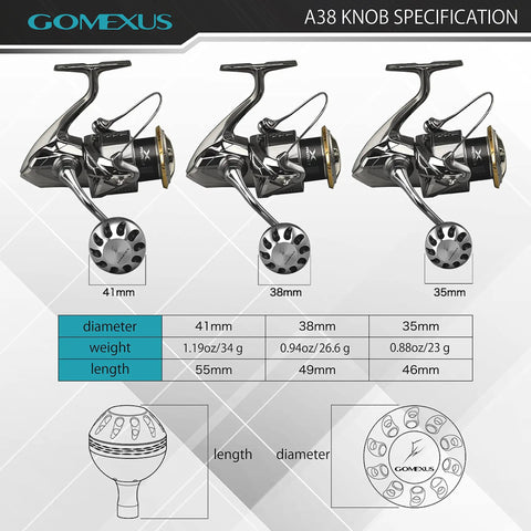 Power Knob Upgrade For Shimano And Daiwa Reels, 38mm Metal Round Handle Comparison With 41mm And 35mm Sizes