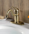 Victorian Mono Block Bathroom Faucet In Antique Brass With Drip Free Cartridge, Matching Pop Up Drain; sink installation view