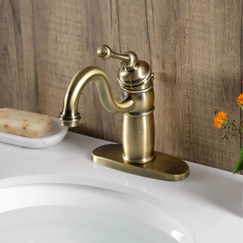 Victorian Mono Block Bathroom Faucet In Antique Brass With Drip Free Cartridge, Matching Pop Up Drain; sink installation view