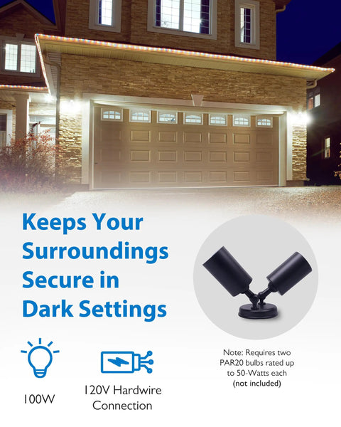 Dual Adjustable Heads Outdoor Flood Light Fixture Built Tough 100W 120V Weatherproof Heavy-Duty Aluminum Security Light Black Exterior Lighting Requires Two PAR20 Bulbs Up To 50W Each Not Included shown illuminating a garage in the dark.