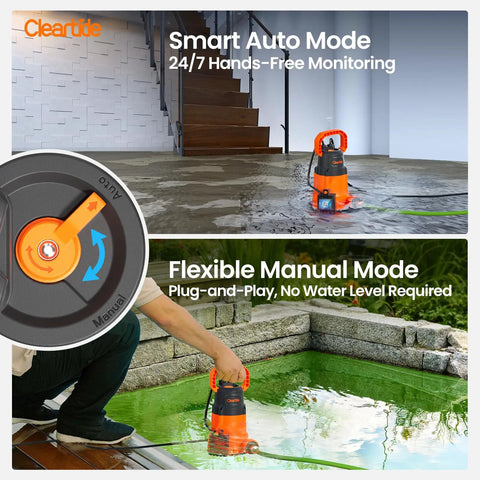 Submersible Sump Pump With Smart Water Sensor Auto On Off And Manual Auto Modes One Third HP 2790 GPH shown in use.