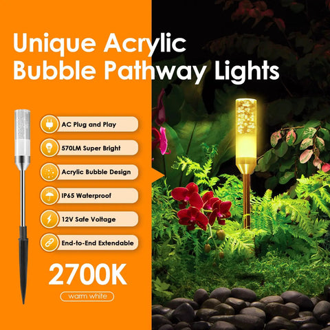 Outdoor 6 Pack LED Path Lights With No Fuss Plug And Play AC Plug In, 12V Low Voltage Landscape Lighting, 570 Lumens Each, shown in garden