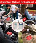 Collage showing Auvi Q Carrying Case For Two Auto Injectors Emergency Bag With Carabiner And Lanyard in various uses with strollers, wheelchairs, cars, and belts.