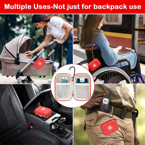 Collage showing Auvi Q Carrying Case For Two Auto Injectors Emergency Bag With Carabiner And Lanyard in various uses with strollers, wheelchairs, cars, and belts.