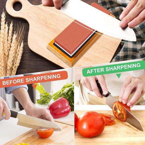 Beast Whetstone Knife Sharpener Kit With 3000 And 8000 Grit Water Stone in use with kitchen knife showing before and after sharpening results.
