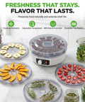 Professional Electric Food Dehydrator With Five Stackable Trays For Homemade Beef Jerky Dried Fruit And Vegetables, with fruits and herbs.