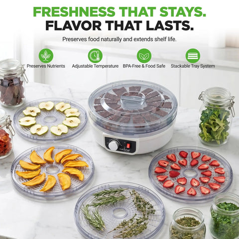 Professional Electric Food Dehydrator With Five Stackable Trays For Homemade Beef Jerky Dried Fruit And Vegetables, with fruits and herbs.