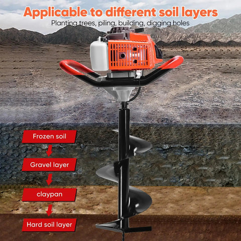 Gas Powered 72cc Post Hole Digger With Two Stroke Engine in different soil types, showing auger bit and engine.