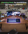 Roomy 55 Inch Home Office Desk for Gaming and Work From Home Setup, Rustic Brown Finish, keyboard, monitor, gaming accessories