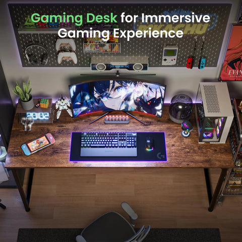 Roomy 55 Inch Home Office Desk for Gaming and Work From Home Setup, Rustic Brown Finish, keyboard, monitor, gaming accessories