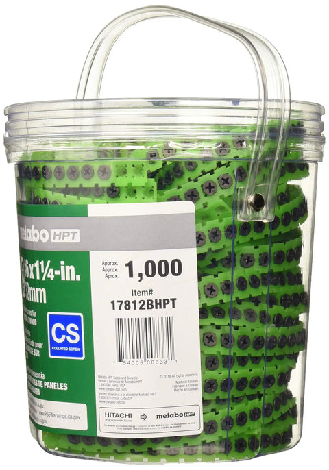 Pro Grade Heavy Duty Drywall Screws One Point Two Five Inch Coarse Thread Bugle Head For Seamless Wood Stud Framing Black Phosphate Coated Tough As Nails Building Supplies One Thousand Count in a clear container.
