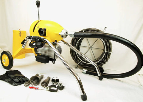 Heavy Duty Sectional Pipe Drain Cleaner With A Powerful 1.5 Hp Motor And 110V Setup showing the machine and accessories on a flat surface.