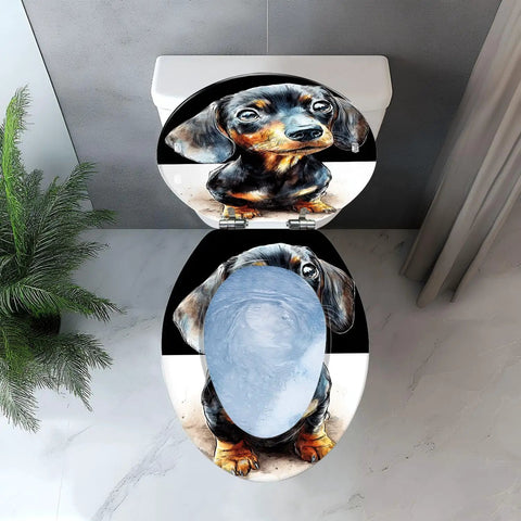 Elongated Toilet Seat Quiet Close Bathroom featuring a cute dachshund design, fits standard toilet dimensions.