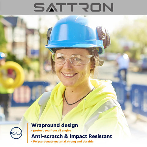 Woman wearing 24 Pack Clear Safety Glasses With UV Protection And ANSI Z87.1 Rating For Men And Women, Scratch And Impact Resistant Eye Protection For Construction.