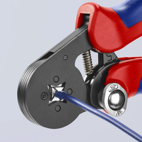 Close-up of Self Adjusting Crimping Pliers For Ferrules And End Sleeves DIN 46228 Compliant Lateral Insertion tool in use model 97 53 04 975304