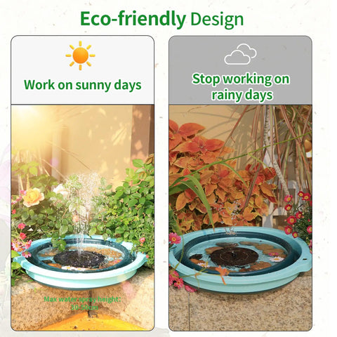 Dual-image showing 1.4W Solar Fountain Pump With Upgraded Panels For Bird Bath Garden Ponds Fish Tanks And Outdoor Water Features Floating Battery Free Solar Pump That Runs On Sun For A Low Maintenance Backyard Splash; works under sunlight and not on cloudy days.