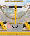 Heavy Duty Chain Binders With 2 Grab Hooks, 2 Pack G80 3/8 To 1/2 Inch Ratchet Tie Downs shown with tighten and loosen instructions