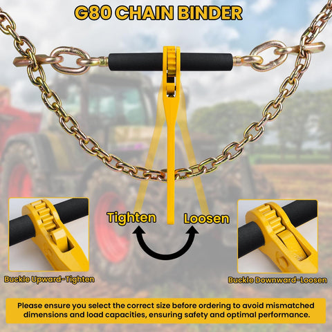 G80 chain binder kit with beefy heavy duty design for 1/4 to 5/16 inch chain, shown with tightening and loosening directions.
