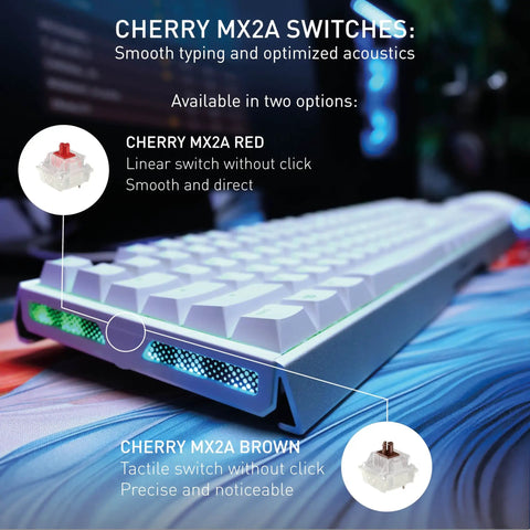 Image showcasing Level Up Your Daily Grind With This Renewed Wired Mechanical Keyboard Featuring Snappy Brown Switches and Vivid RGB Lighting, with Cherry MX2A switches.