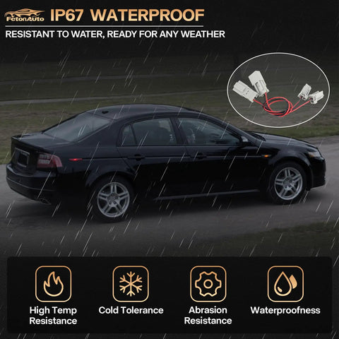 Acura TL 2007 2008 Type S Rear Side Marker Lights Wiring Harness Adapter Kit shown in rain, highlighting IP67 waterproof feature.