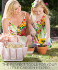 Child and adult gardening with Kid Friendly Garden Starter Kit With Durable Safe Tools For Outdoor Fun Including Gloves, Tote Bag, 22Oz Watering Can, Rake, Shovel, Extra Pots, Labels And More For Tiny Gardeners.