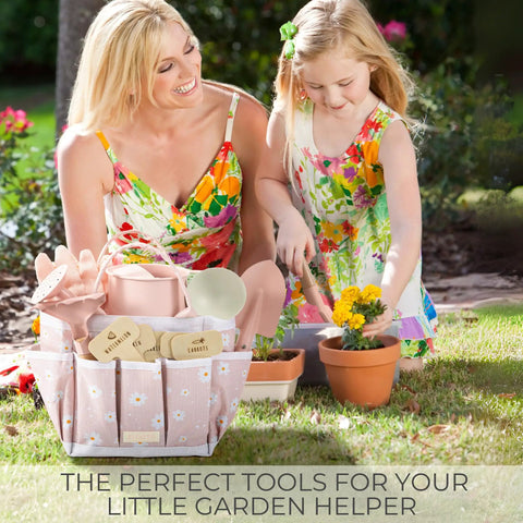Child and adult gardening with Kid Friendly Garden Starter Kit With Durable Safe Tools For Outdoor Fun Including Gloves, Tote Bag, 22Oz Watering Can, Rake, Shovel, Extra Pots, Labels And More For Tiny Gardeners.