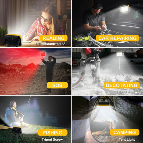 Rechargeable 40W LED Work Light With Tripod Hole in use for reading, car repair, SOS, construction, fishing, and camping.