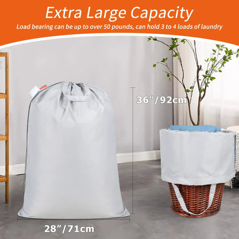 Extra Heavy Duty Laundry Bag With Handles 28 By 36 Inches Silver next to wicker basket, showing large capacity for 50 pounds