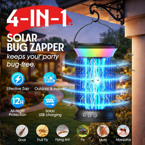 4-In-1 Solar Bug Zapper Outdoor, Rechargeable 6000mAh Mosquito Zapper, Cordless Electric Fly Zapper, Waterproof Insect Zapper for Patio