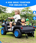 Child sitting on a blue 24V 4 Seater Electric Ride On Car With Parent Remote, 4 Wheel Suspension, toys in backseat, outdoor setting