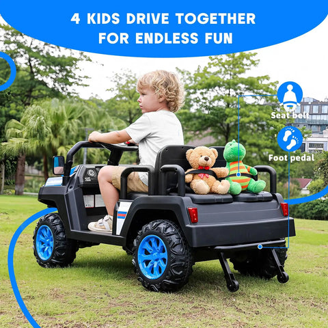 Child sitting on a blue 24V 4 Seater Electric Ride On Car With Parent Remote, 4 Wheel Suspension, toys in backseat, outdoor setting