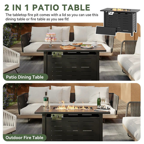 41 Inch Propane Fire Pit Table With Removable Lid And Lava Rocks, shown as patio dining table and outdoor fire table, black