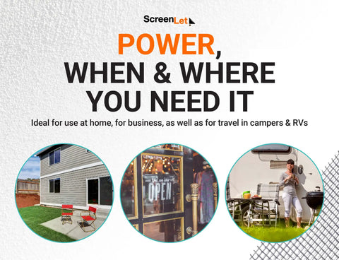 Window Screen Power Portal Pass-Through Attachment Clip-On for outdoor use in homes, businesses, RVs, campers. "Power, When & Where You Need It" text.