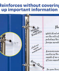 Close-up of clear hole reinforcement labels for 3-hole punched pages in a blue binder, preventing tear and extending page life.