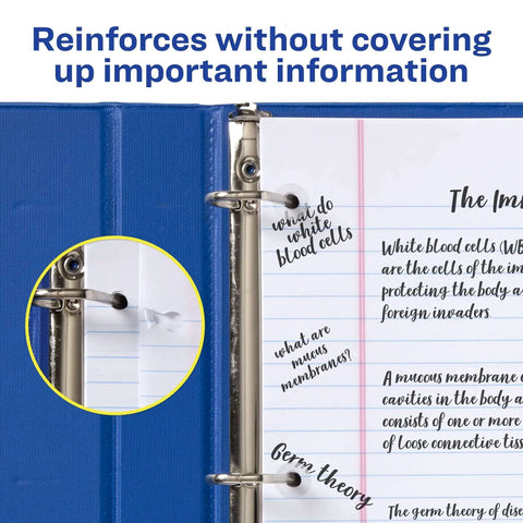 Close-up of clear hole reinforcement labels for 3-hole punched pages in a blue binder, preventing tear and extending page life.