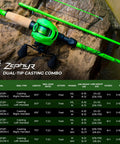 Legit Zephyr Dual Tip Casting Fishing Combo Featuring Ultra Light Im6 Graphite Rod And Left Hand Reel showcasing detailed specs and color.
