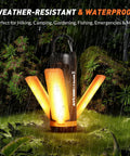 Portable USB Rechargeable Camping Lantern in forest, glowing LED panels open, lightweight lantern ready for outdoor adventures.