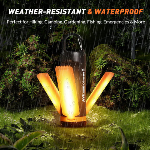 Portable USB Rechargeable Camping Lantern in forest, glowing LED panels open, lightweight lantern ready for outdoor adventures.