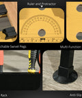 Detailed view of Tough As Nails Adjustable Work Bench Tool Table features including ruler, detachable pegs, tool rack, and anti-slip feet.