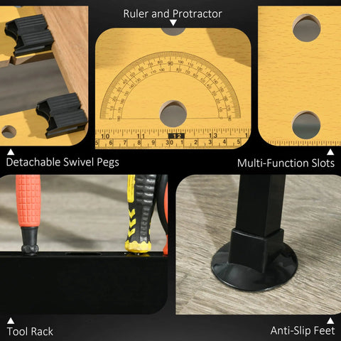 Detailed view of Tough As Nails Adjustable Work Bench Tool Table features including ruler, detachable pegs, tool rack, and anti-slip feet.