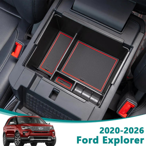 Ford Explorer Console Organizer Tray For 2020 Through 2026 Deep Armrest Storage Box With Coin Holder And Non Slip Mats Red Interior