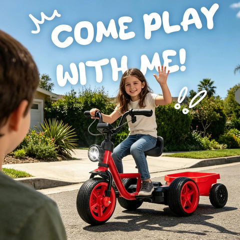 12V Kids Ride On Electric Tricycle With Stable Triangular Frame And Low Center Of Gravity, Adjustable Seat, Wide EVA Wheels, LED Headlight, Removable Storage Basket, Safe Easy Grip Pedals For Young Riders, child waving