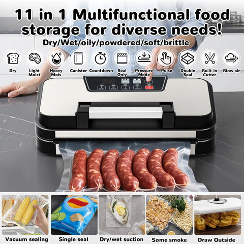 11 In 1 Smart Food Vacuum Sealer With 95 KPa Power, Built In Cutter And Bag Storage, sealing sausages in a kitchen