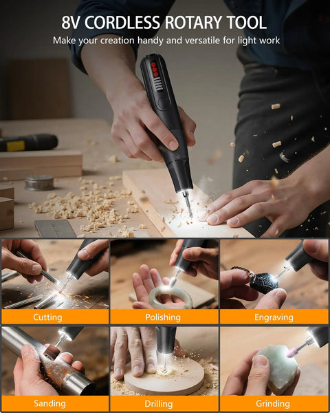 No Sweat Cordless Rotary Tool 8V With Auto Lock Chuck 5 Speeds 23000 RPM Rechargeable Engraver Kit for sanding and polishing tasks.