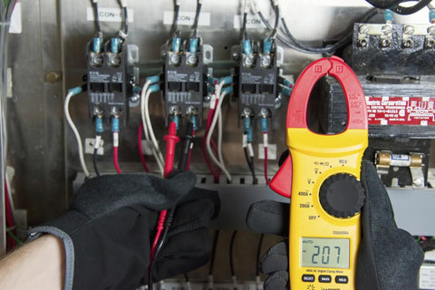 Pro Grade Digital Snap Around Clamp Meter With 5 Functions And 9 Range For Quick Voltage Testing, Measures 400 600V AC DC, Resistance And Continuity, Data Hold, Auto Power Off, Includes Case, Yellow Compact Tool used on electrical panel
