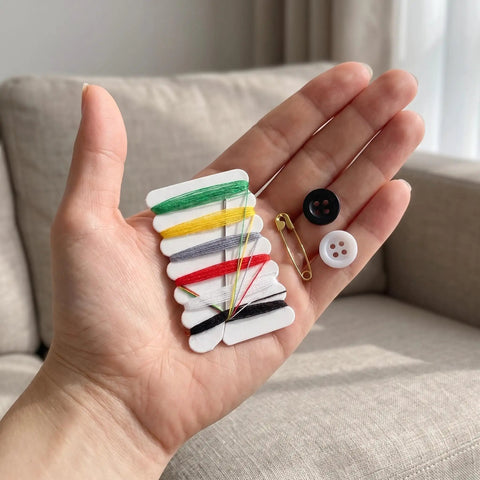 Real Deal Mini Sewing Kit With 200 Pieces As A Portable Travel Set To Mend Clothes On The Fly While Backpacking Commuting Or Just Taking It Easy On Any Long Weekend Trip, featuring threads, needles, buttons, and safety pins.